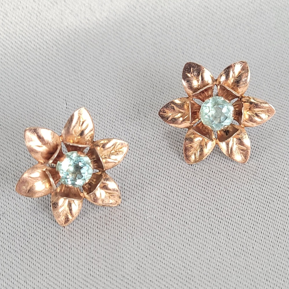 Vintage Art Deco Sterling Silver Rose Gold Tone Blue Stone Flower Earrings 925